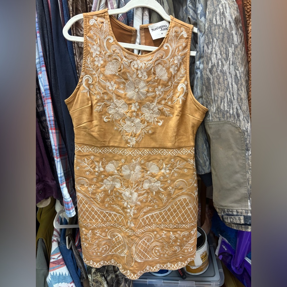 Savanna Jane Tan Embroidered Mini Dress